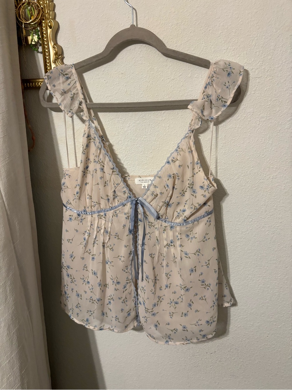 Floral Ruffle Tie-Front Tank Top - Cream with Blue Floral